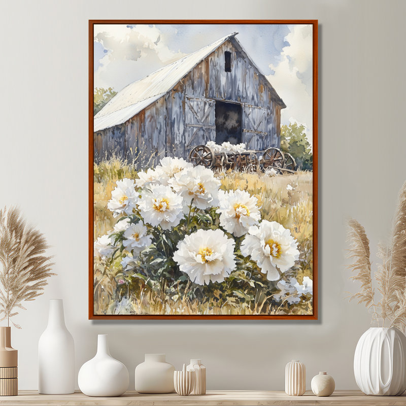 Pe pivoines près de la laiterie, H 44 po x l 34 po, Reproduction avec cadre flottant, Brun