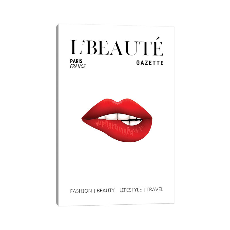 L'Beaute Beauty Magazine Cover With Red Lipstick On Bitten Lips by Design Harvest - Wrapped Canvas Print