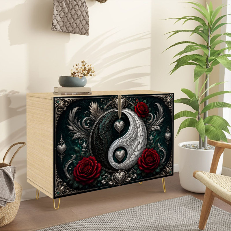 Buffet Buffet avec rangement Yin Yang foncé avec roses rouges et cœurs avec 2 portes pour le salon et la cuisine