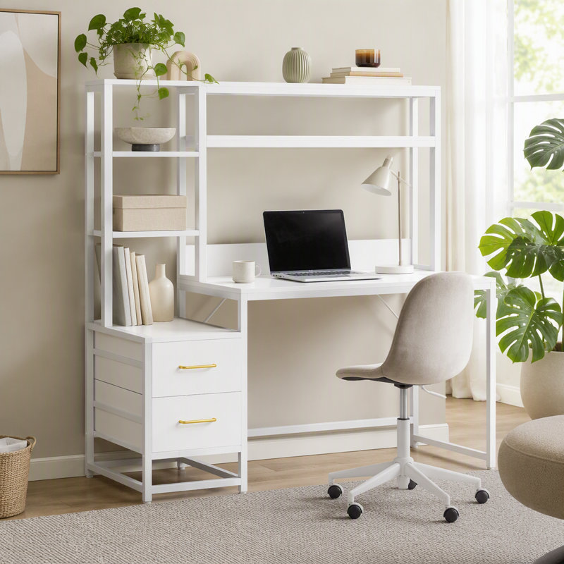Bureau d'ordinateur 55 pouces blanc avec huche, 2 tiroirs et tablettes ouvertes - Bureau de bureau moderne pour bureau et jeux