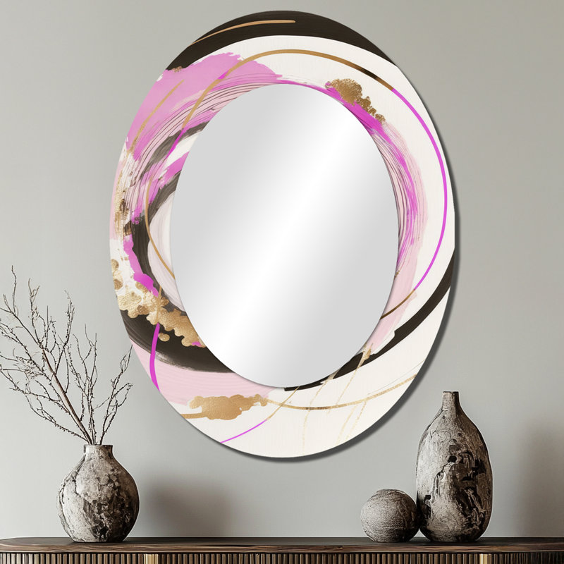 Pink And Gold Minimalist Art II - Pink Oval Wall Mirror Decor, 40" x 30"