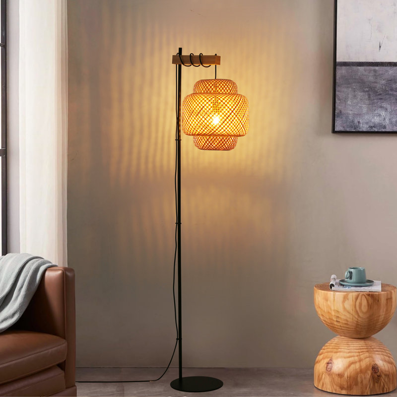 Cordrey Bamboo Rattan Woven Wood Floor Lamp With Foot Switch, Industrial Rattan Lampshade Floor Light For Living Room