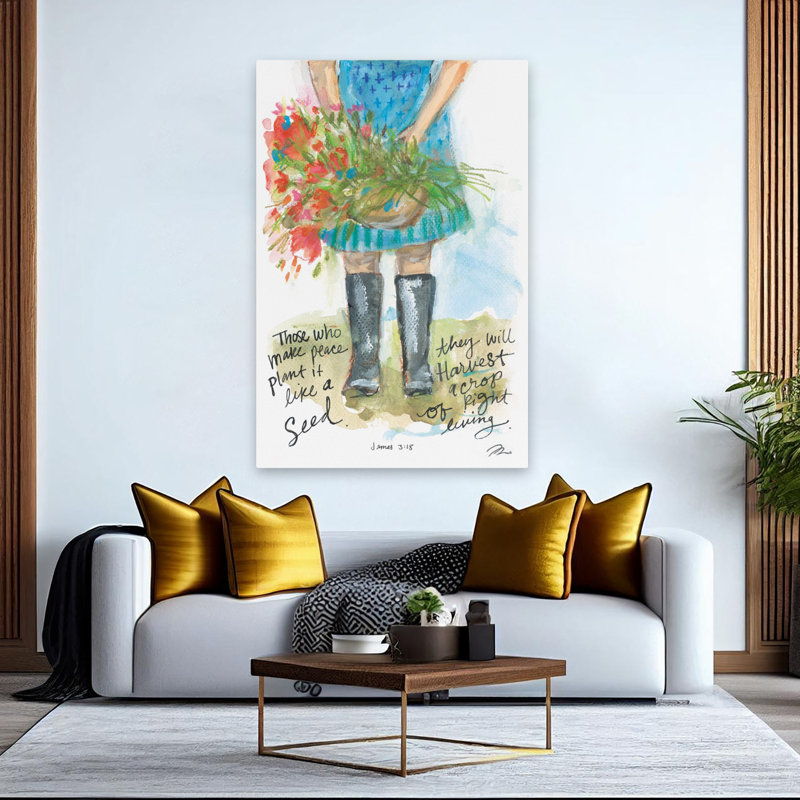 Plantez-la comme une graine - Illustration d'écriture contemporaine, aquarelle, fille tenant des fleurs, verset inspirant