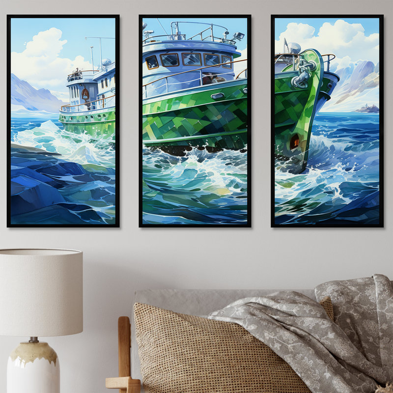 Green Cubist Cruise Voyage - Coastal Boat Wall Art, Cadre flottant noir, H 40 po x l 60 po