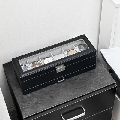 Watch Box 6 Slot Watch Display Case With Drawer Watch Case With Glass Lid 2Layer Jewelry And Watch Storage Watch Holder Organizer