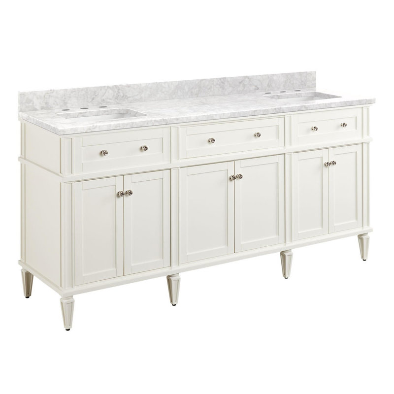Elmdale 72" Freestanding Mahogany Double Basin Vanity  Rectangular Undermount Sink - 8" Faucet Holes, Carrara Marble