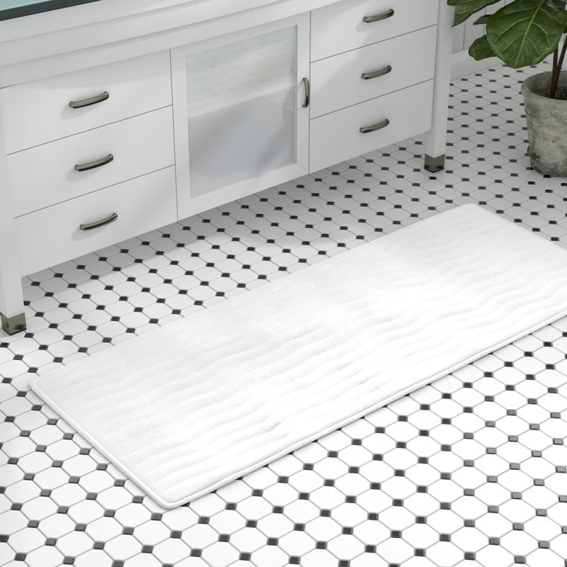Memory Foam Bath Mat - 59x24 Inch Soft and Absorbent Bathroom Rug Runner with Textured Wave Print for Stylish Bathroom Decor - Bath Rugs Non Slip Washable Bathmat (White)