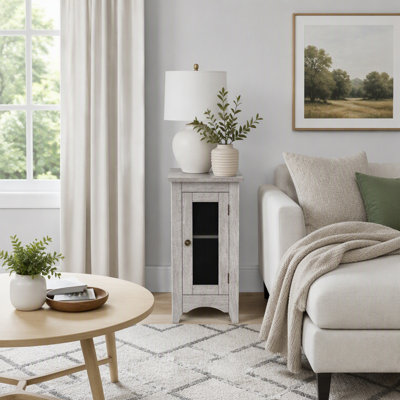 Table d'appoint étroite en forme de C avec rangement, idéale pour les petits espaces et les décors transitionnels