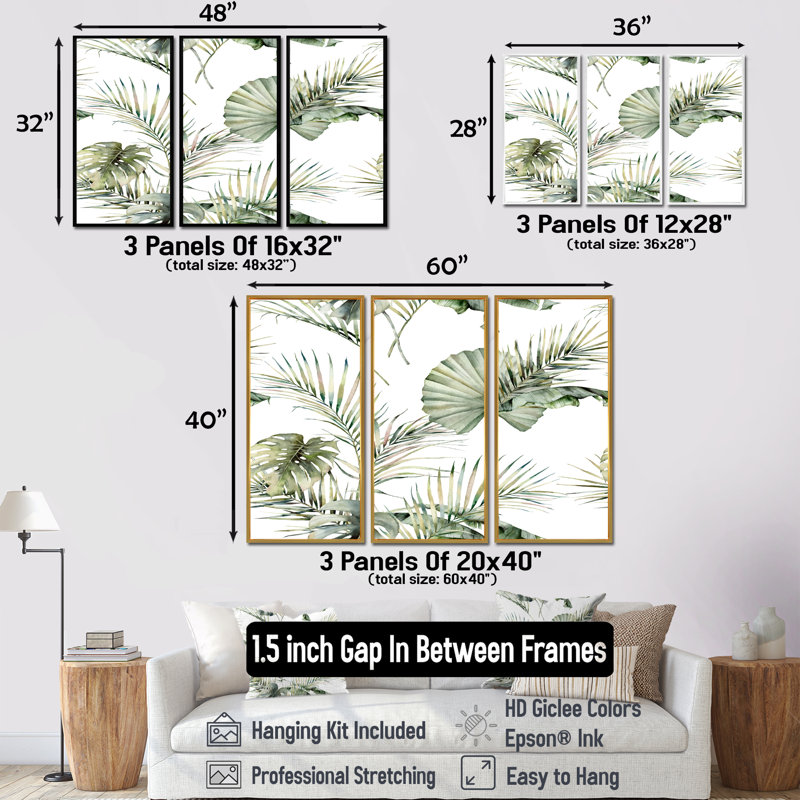 Motif tropical de S avec feuilles de noix de coco et Monstera - 3 pièces, impression sur toile, H 28 po x l 36 po