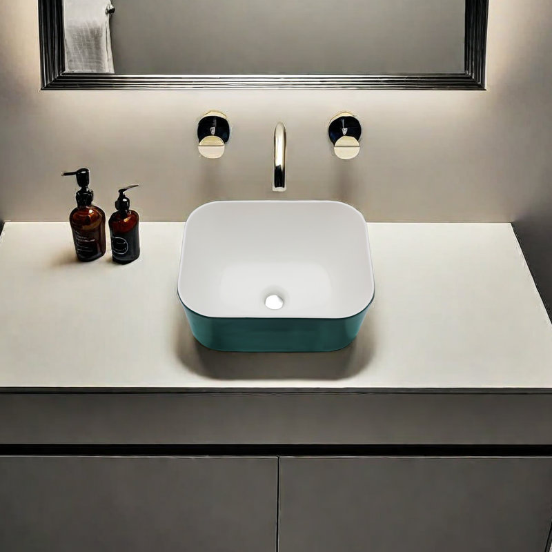 APRESSHUI 12'' Ceramic Rectangular Bathroom Sink, Green
