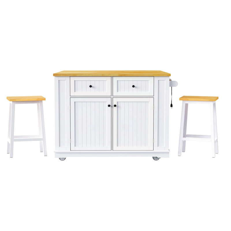 Îlot de cuisine 48 pouces avec 2 tabourets de bar, prise de courant, support de rangement interne pour porte, chariot de rangement pour cuisine sur 5 roulettes avec abattant, 5 supports latéraux, 2 tiroirs