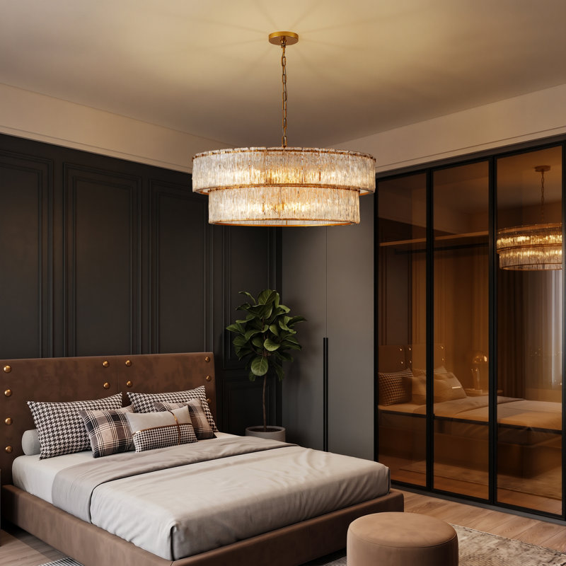 Lustre réglable à 8 lumières en verre doré à plusieurs niveaux, H 13,25 po x l 31,62 po x P 31,62 po, 8 lumières