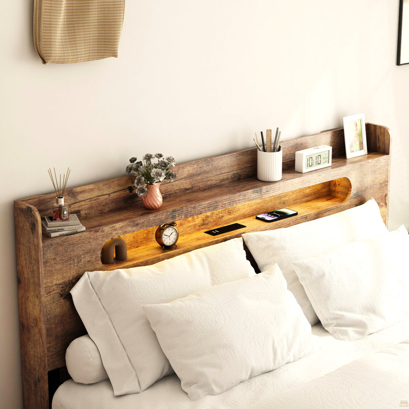 Structure de lit plateforme en bois avec tête de lit à DEL avec rangement et 2 ports USB, silencieux, aucun sommier nécessaire et outil d'assemblage facile, grand rangement sous le lit
