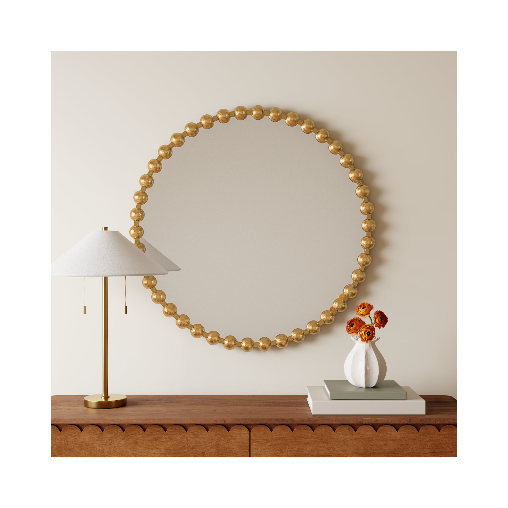 Marlowe Beaded Round Metal Wall Mirror, 36" x 36", Gold