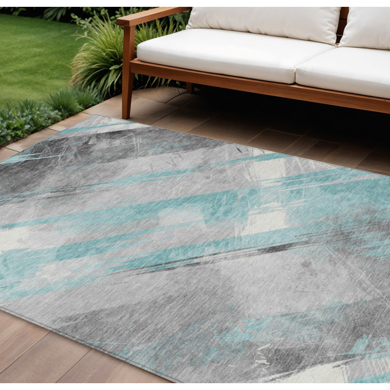 Tapis bleu sarcelle à rayures 8 pi x 10 pi bleu et gris