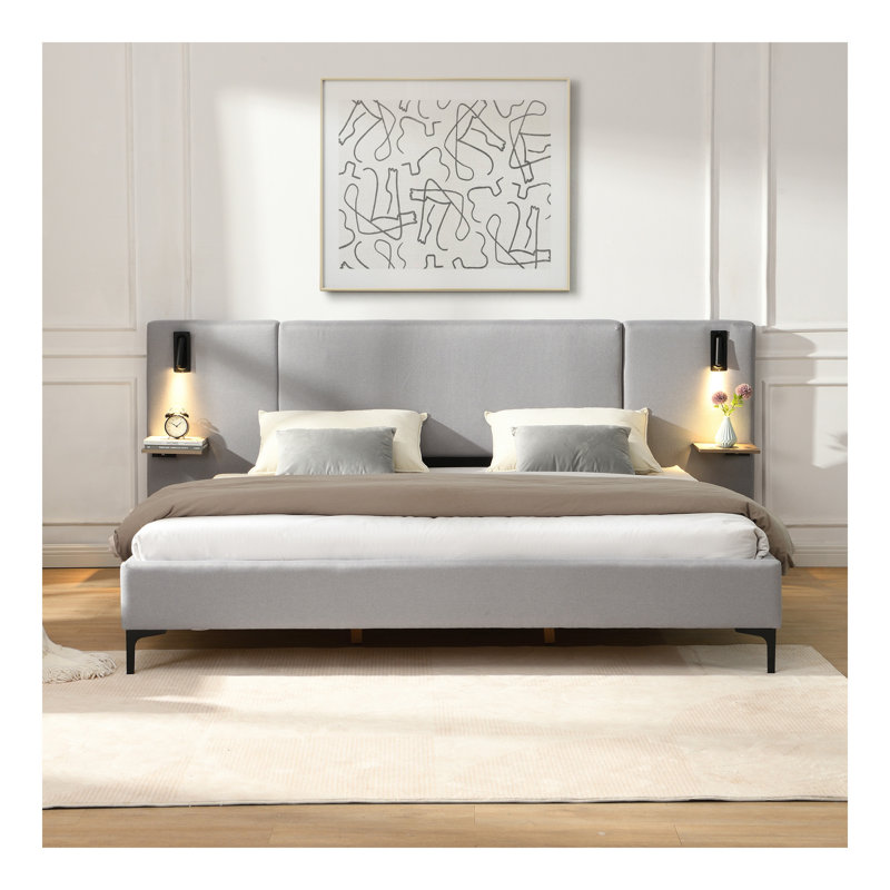 Lit tapissier chic en lin avec lumières et tablettes intégrées, gris, très grand, Gris, Lin lin
