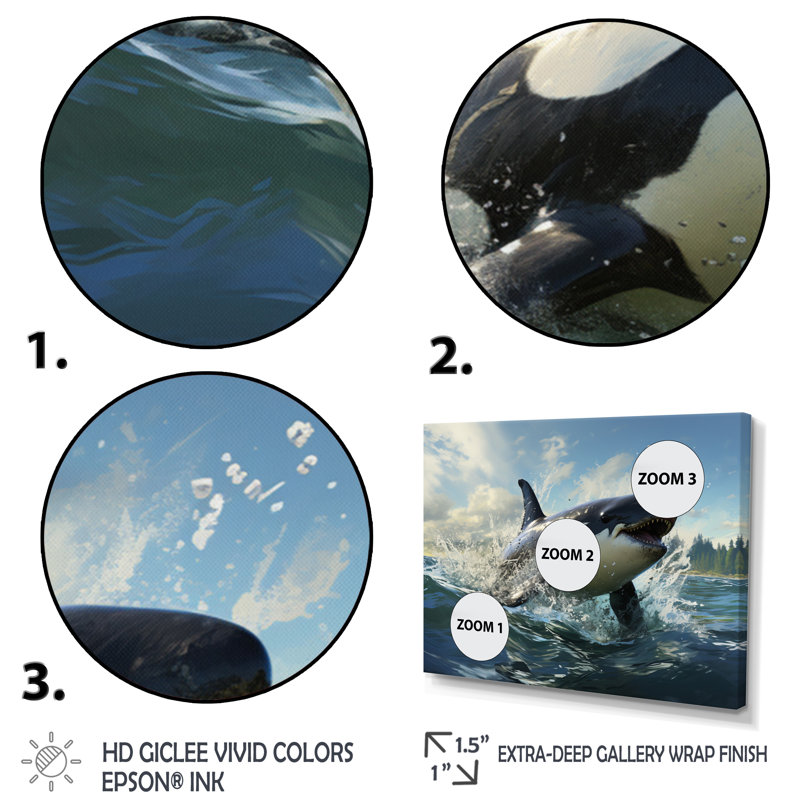«White Black Marine Animals Majestic Orcas», reproduction sur toile, H 34 po x l 44 po x P 1,5 po, Cadre flottant noir
