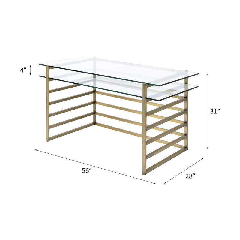 Bureau d'écriture rectangulaire de style contemporain avec verre transparent, base en métal doré antique, un espace de rangement avec plateau et tablette en verre, compartiment de finition