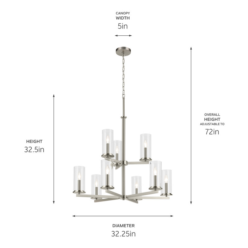 Lustre 9 lumières 32,5 "à 2 niveaux, Nickel brossé