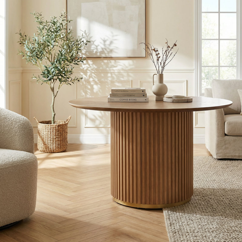 Table de salle à manger à piédestal ronde de 47,25 po avec base robuste et finition noyer chaud pour les espaces de salle à manger décontractés