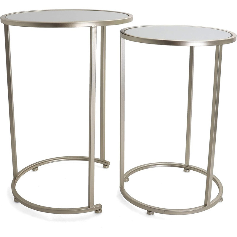 Ensemble de tables de bout rondes - Tables de bout dorées avec dessus en miroir - Tables d'appoint gigognes rondes - Tables d'appoint en métal doré et en miroir Ensemble de tables de bout Odessa