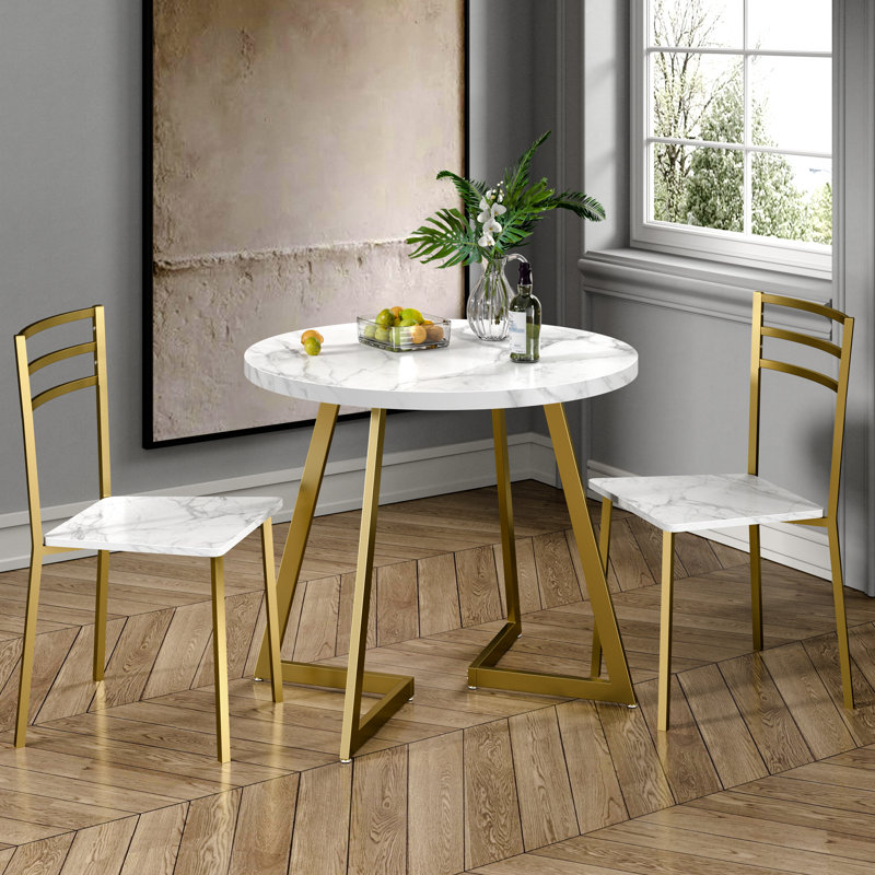 30 Inch White and Gold Small Round Dining Table for 2 – Mid-Century Modern Kitchen Table, Breakfast Table, Bistro Table, Indoor & Outdoor MDF Wood Table with Metal Frame, Rustic Modern Dining Table