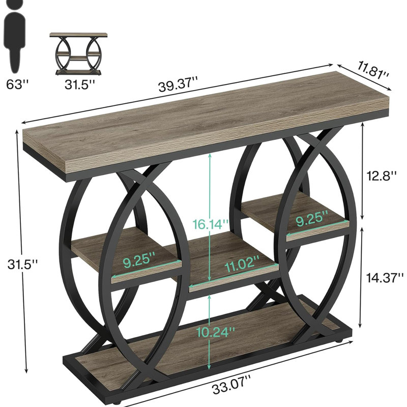 Console de 39 po avec tablettes de rangement, table de chevet étroite à 4 niveaux, table d'entrée industrielle pour petits espaces