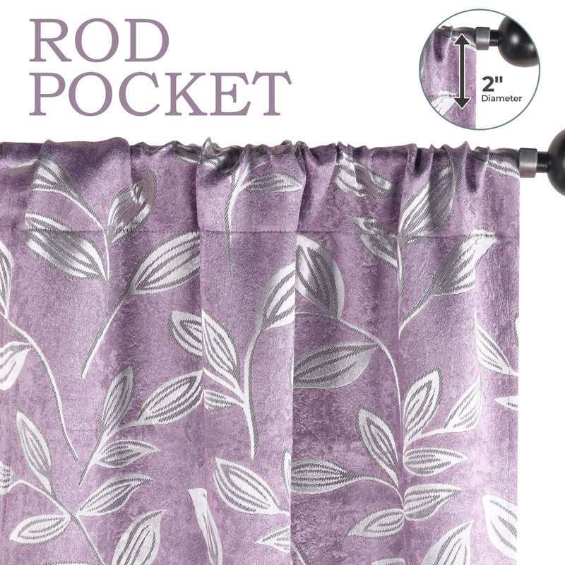  Modern Bohemian Leaves Pattern 100% Polyester Machine Washable Room Darkening Blackout Curtains, Wisteria, 36" W x 72" L