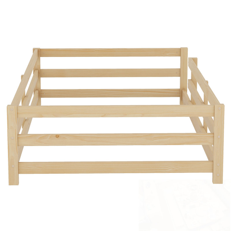 Twin Size Floor Bed With Fence, Natural, Twin