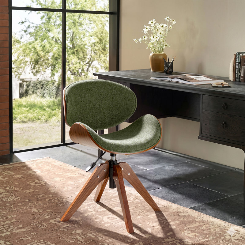 Chaise de bureau Oswina de style moderne du milieu du siècle, en tissu, avec structure en bois courbé et base pivotante.