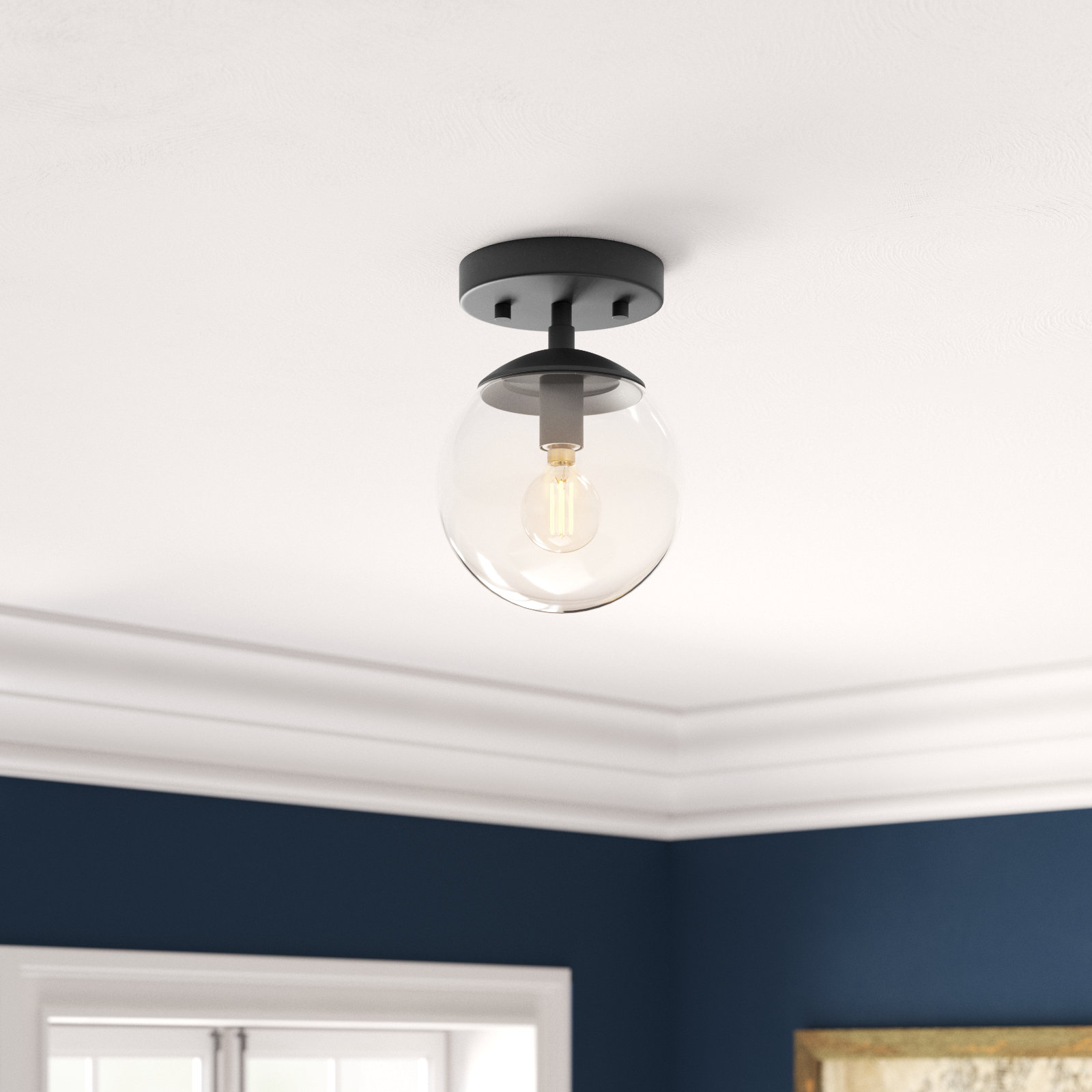 Single Light Glass Flush Mount, Matte Black