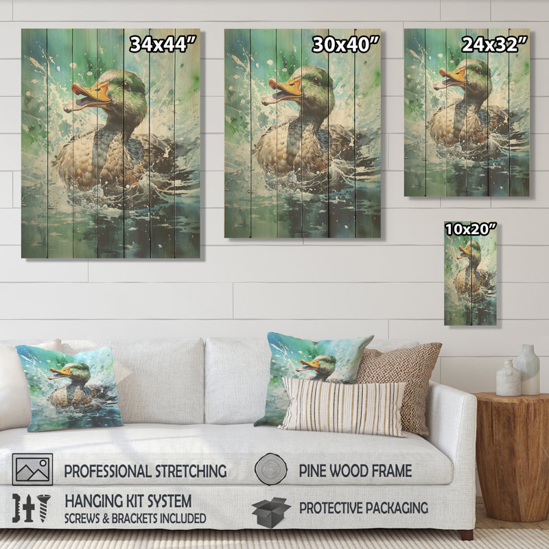 «Duck Springtime Splash» - animal canard sur bois, H 44 po x l 34 po