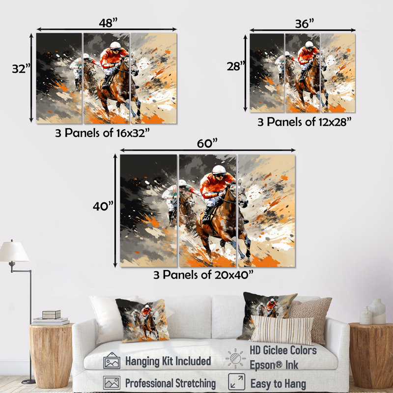 Brown Horse Racing Frenzy - Art mural de course de chevaux, H 32 po x l 48 po