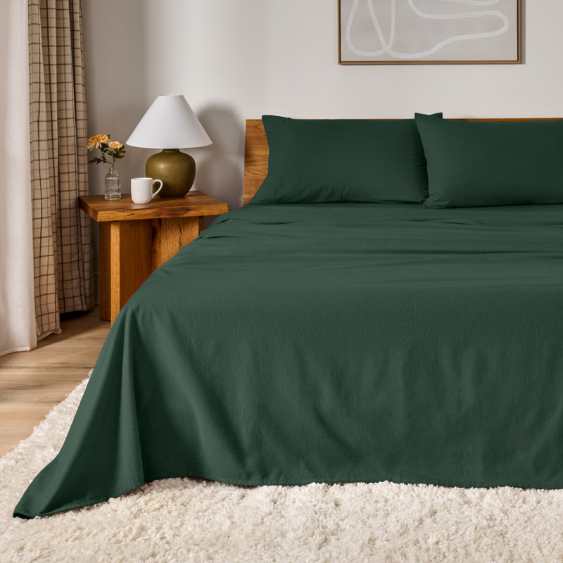 100% Cotton Flannel Sheet Set, Twin Sheet Set with 1 Pillowcase, Forest Green