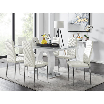 Scottsmoor Modern High Gloss Halo 6 Seater Dining Table Set with Luxury Faux Leather Dining Chairs