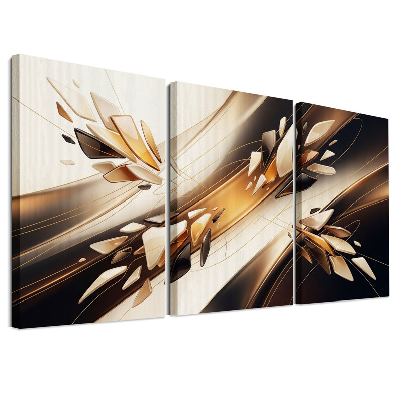 Ensemble de 3 toiles murales abstraites représentant des fragments géométriques dorés et noirs, 18"H x 12"W x 3pcs