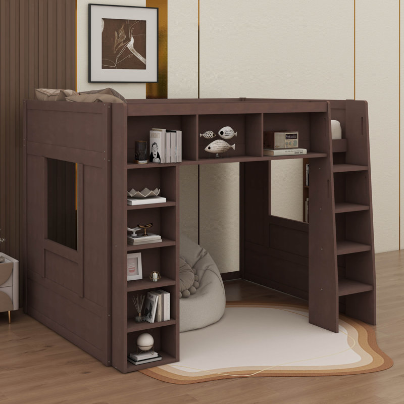 Queen-Scale Wooden Loft Bed With Cabinets & Shelving, Space-Efficient Multifunctional Loft Bed For Compact Rooms, Brown