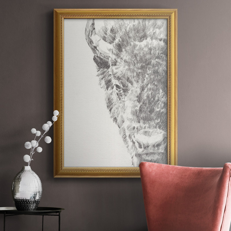 Graphite Bison Portrait I, toile encadrée de qualité supérieure - prête à être accrochée, H 27 po x l 18 po x P 2,5 po