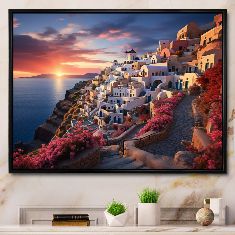 " Greece Oia Splendour V ", H 16 po x l 32 po, Cadre flottant noir