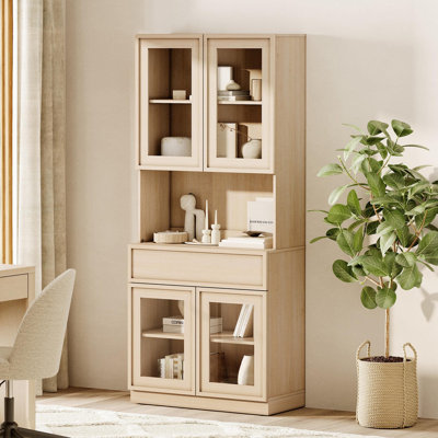 Bibliothèque moderne de 72 po de hauteur avec portes en verre, tiroirs et tablettes réglables, armoire de rangement fermée et tablettes en verre, bibliothèque en bois pour le bureau à domicile