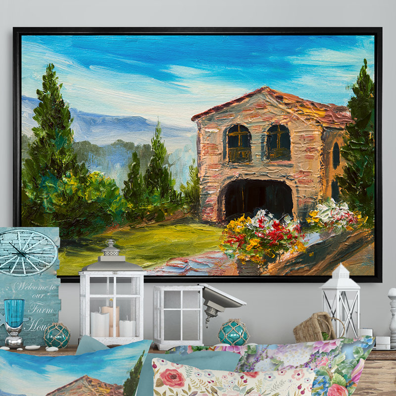 Fleurs colorées dans une maison méditerranéenne, impression sur toile, H 8 po x l 12 po x P 1 po, Cadre flottant noir