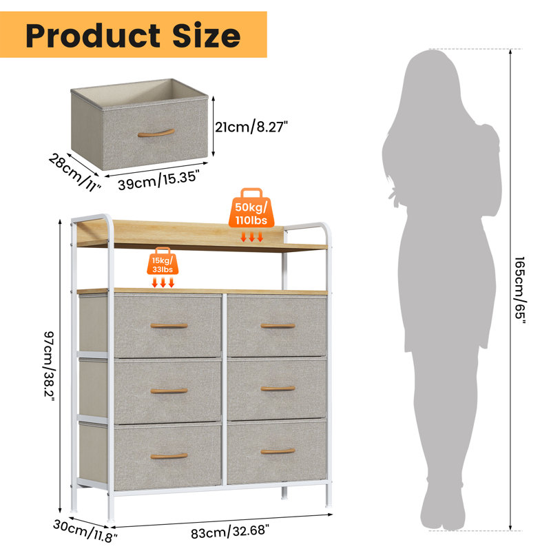 Metal 30cm W 6 - Drawer Chest of Drawers, Beige