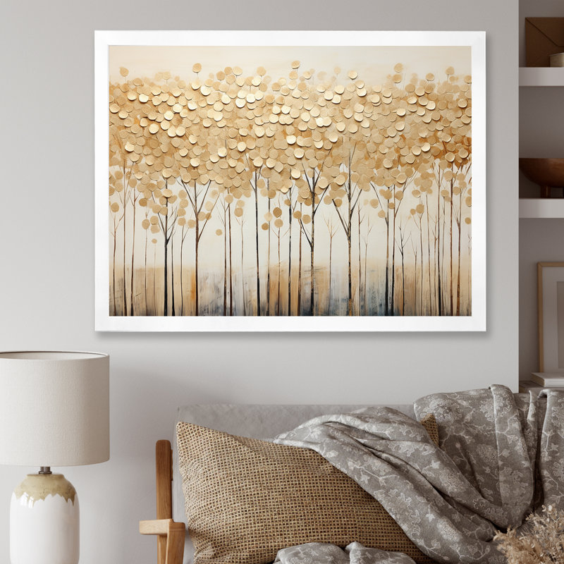 Minimalisme Golden Trees Harmony sur toile, Cadre simple blanc, H 16 po x l 32 po x P 1 po