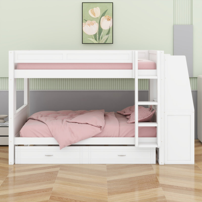 Space-Saving Bunk Bed with Desk, Storage Shelves and Trundle