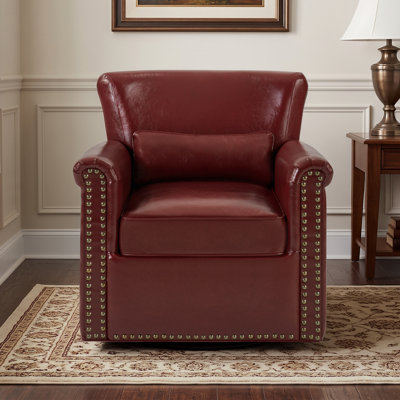 Fauteuil club pivotant à 360 ° en similicuir rembourré avec accoudoirs roulés, dossier rembourré et base cloutée en métal pour le salon, la chambre à coucher et le coin lecture, brun