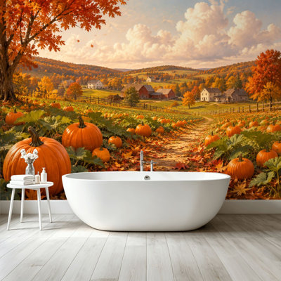 Papier peint adhésif pelez et collez, paysage de campagne d'automne, citrouilles, feuillage d'automne, art mural auto-adhésif et amovible