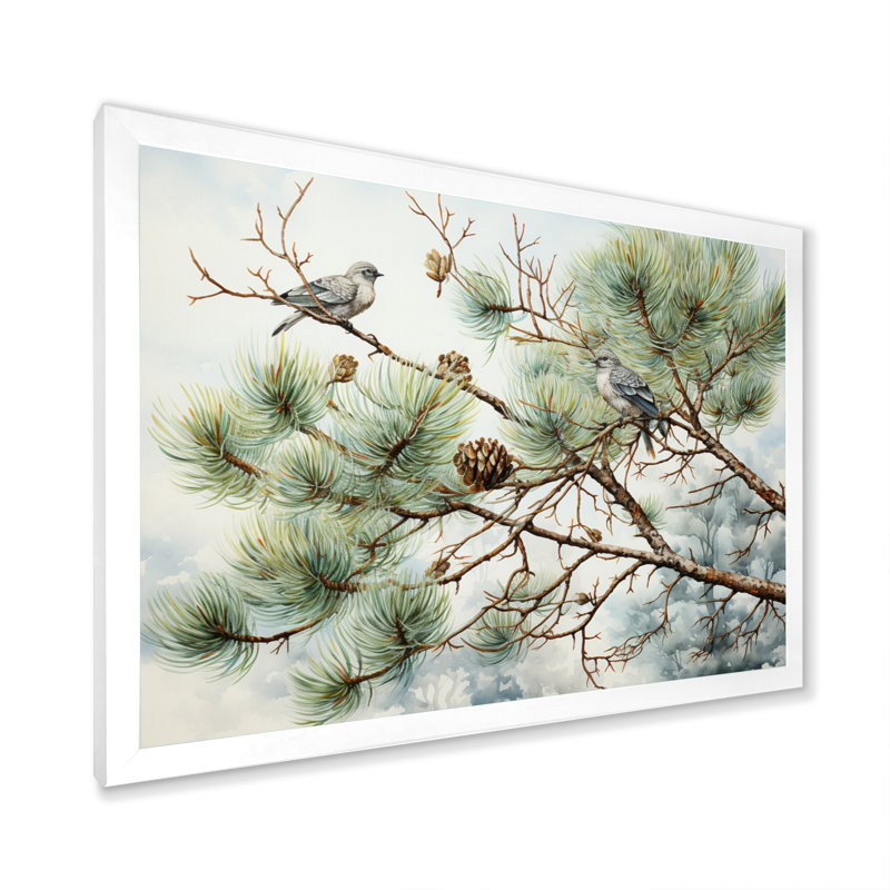 Oiseau sur pin I - Art mural pin, H 12 po x l 20 po x P 1 po, Cadre simple blanc