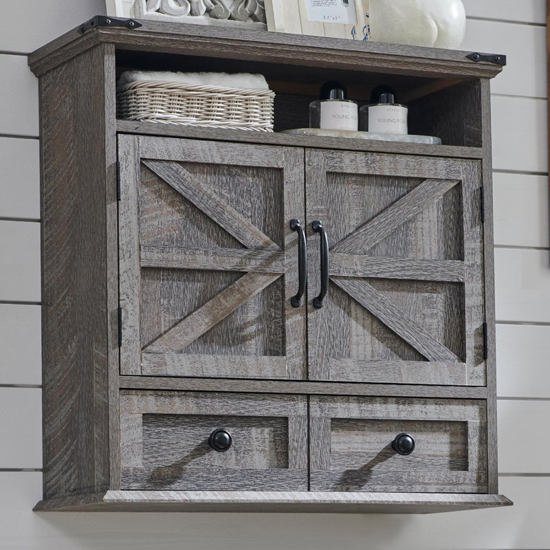  Bathroom Wall Cabinet, Farmhouse Medicine Cabinet, 24" Wide Cabinet with Drawer, Adjustable Shelf, Double Barn Doors, Storage Cabinet for Bathroom, Kitchen, Living Room Gray