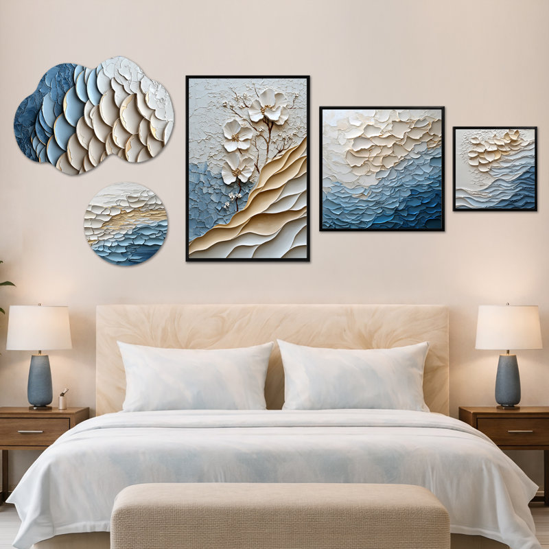 Ensemble de 5 pièces d'art mural, toile et métal surdimensionné blanc et bleu Coastal Mosaic II (100 po x 40 po)