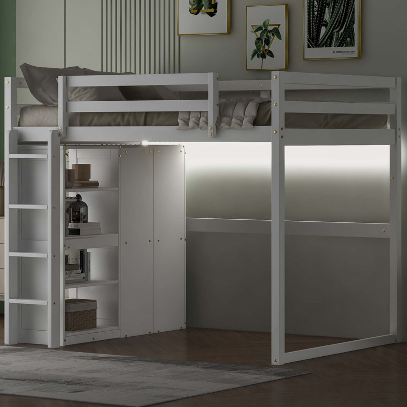 Wood Loft Bed With Built-In Wardrobe And Storage Shelves, White